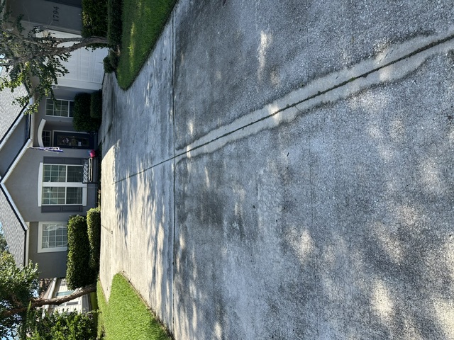Grey stained concrete driveway covered in dirt and algae before pressure washing