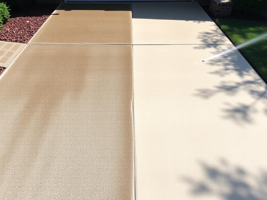 Concrete driveway shown half stained and half cleaned after pressure washing