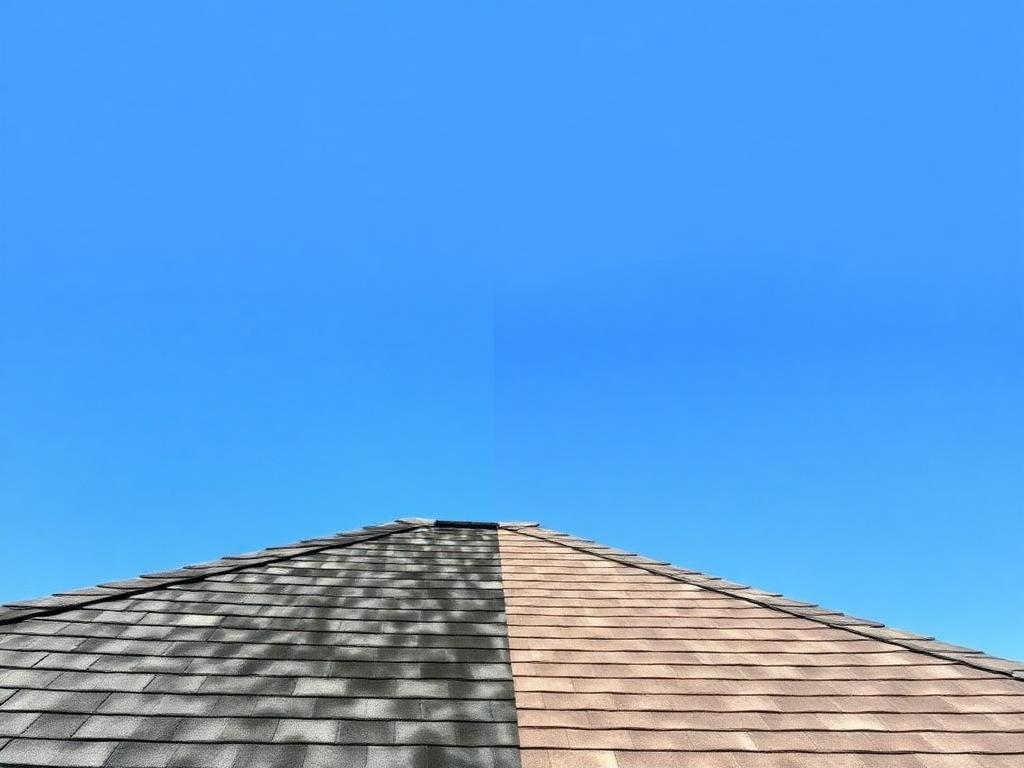 Shingle roof shown half streaked with algae and half cleaned after soft washing