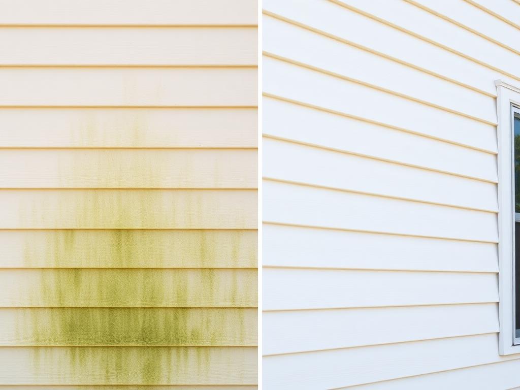 House siding shown half covered in green algae and half cleaned after soft washing