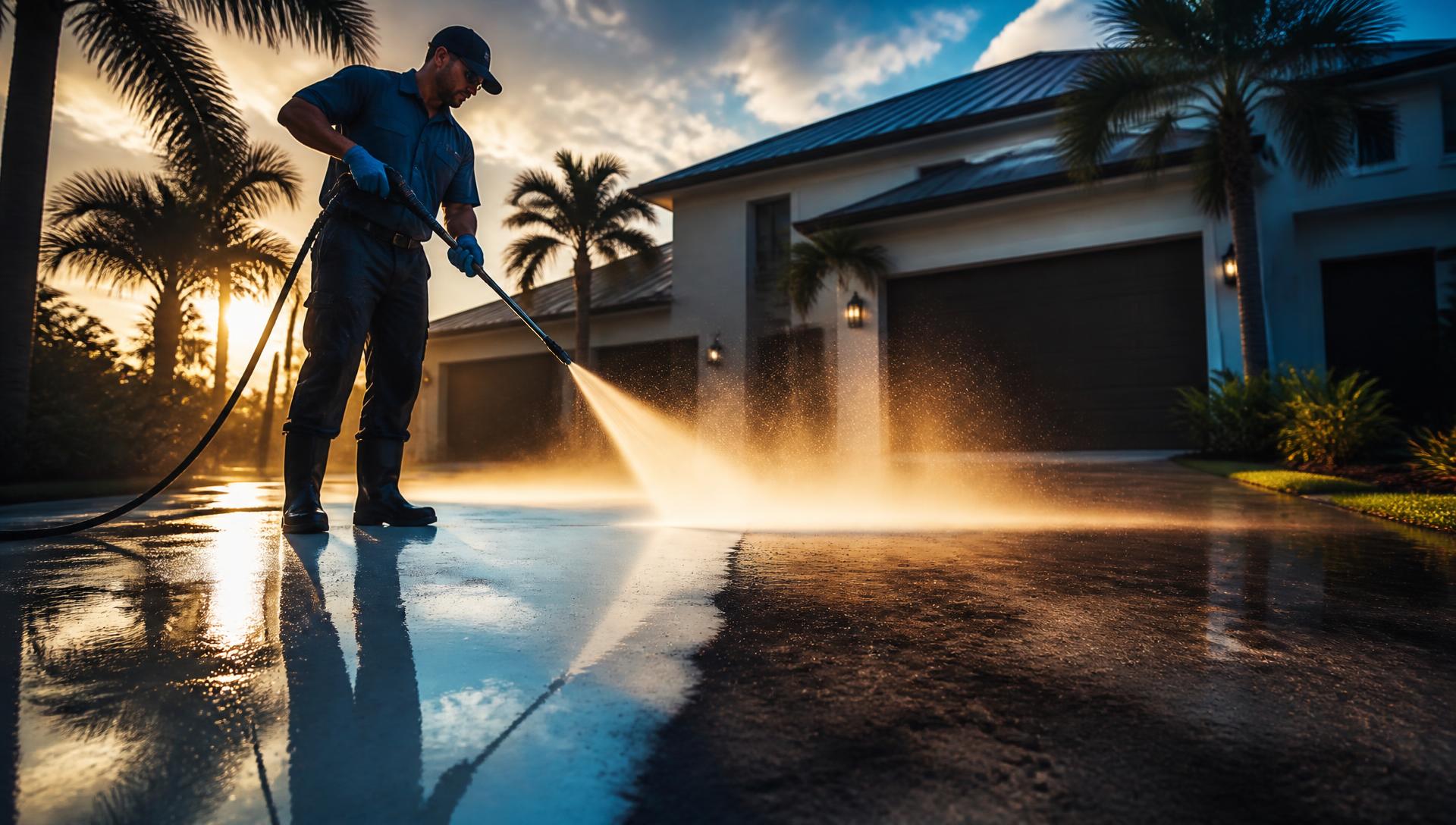 A Vailco technician pressure washing a Jacksonville driveway at sunset, half the concrete already bright and clean